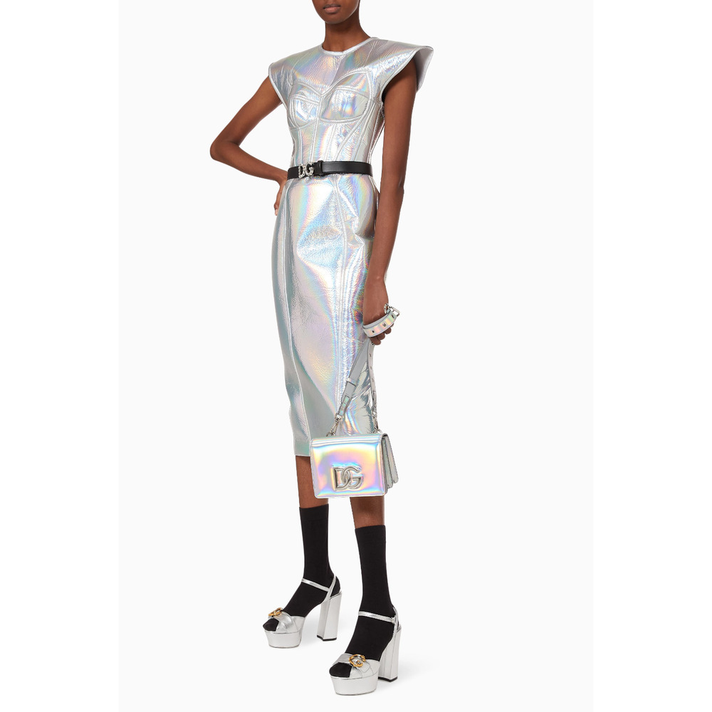 Dolce & Gabbana Silver Iridescent Laminated F/W21 Runway Dress (IT44) RRP $2845